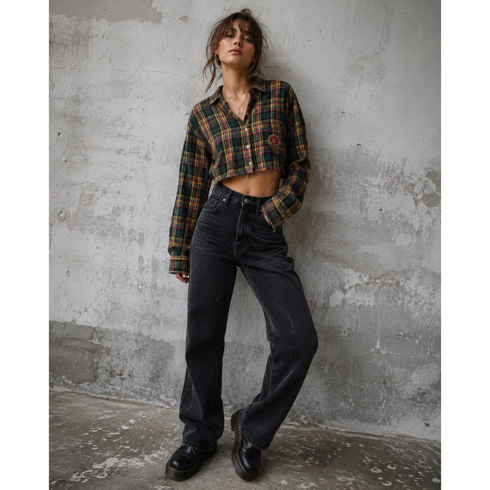Savage X Fenty Green Plaid Cropped Flannel Shirt Grunge Y2K Raw Hem Women's XL